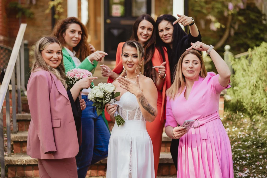 Wedding guests on the steps of Guildford Registry Office after the ceremony, Guildford wedding photographer