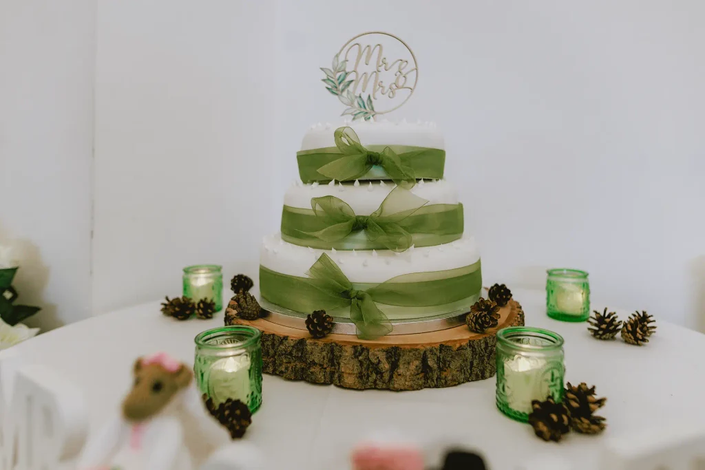 Wedding cakedressed with green organza at The Angel Hotel, Alton